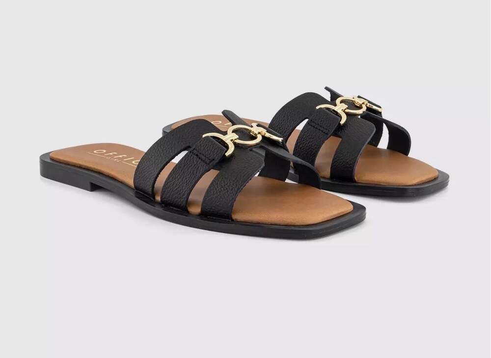 Office London Black Flat Slide Sandals with Gold Link Detail Size 39